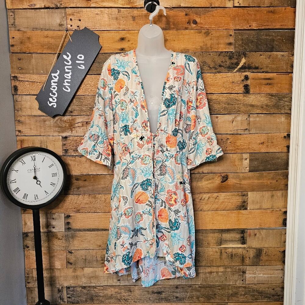 Easel brand women's front tie midi boho flora longl kimono size small